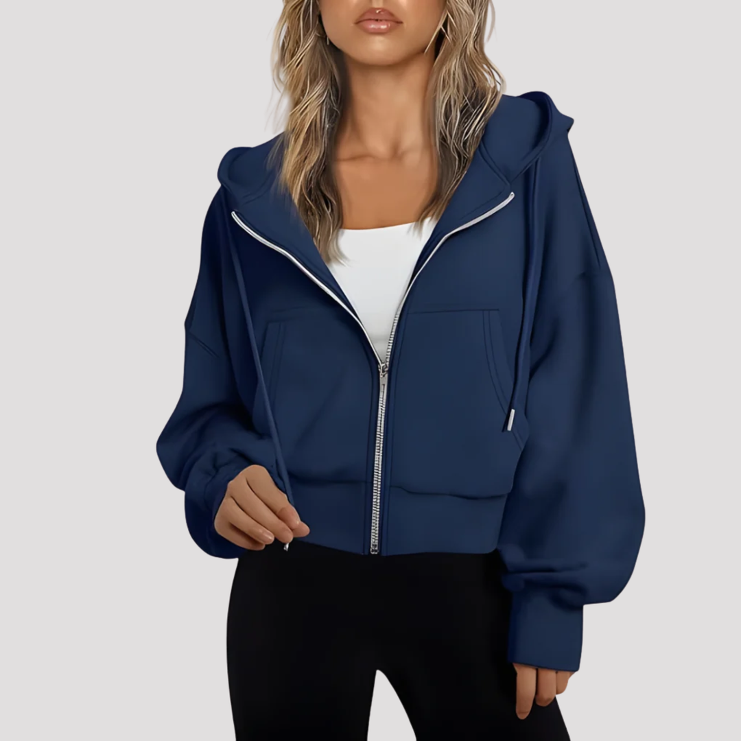 Navy cropped zip up hoodie with drawstring hood, front view