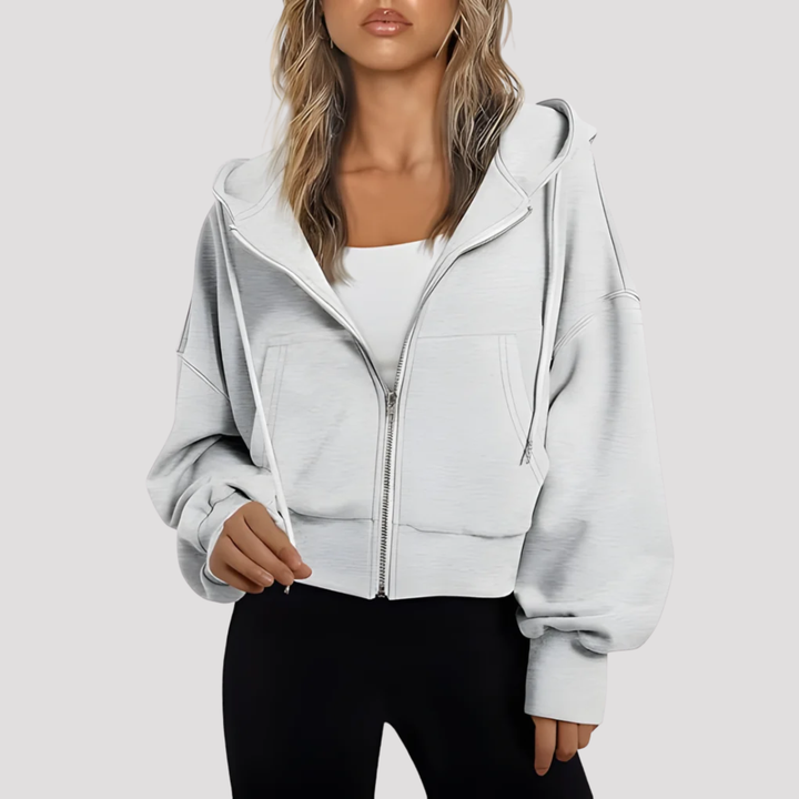 Off White cropped zip up hoodie with drawstring hood, front view