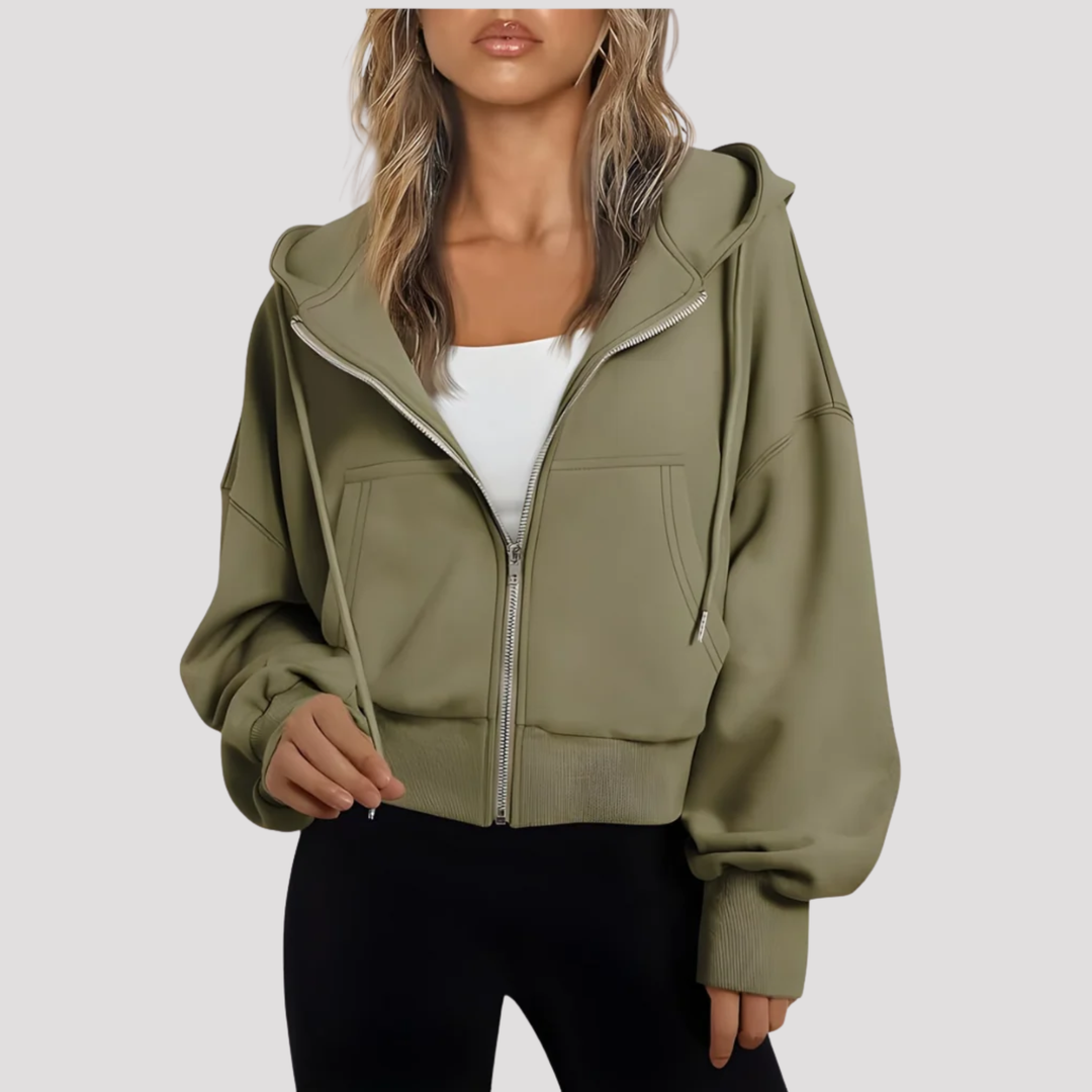 Women's cropped zip up hoodie in olive green, oversized with drawstring hood