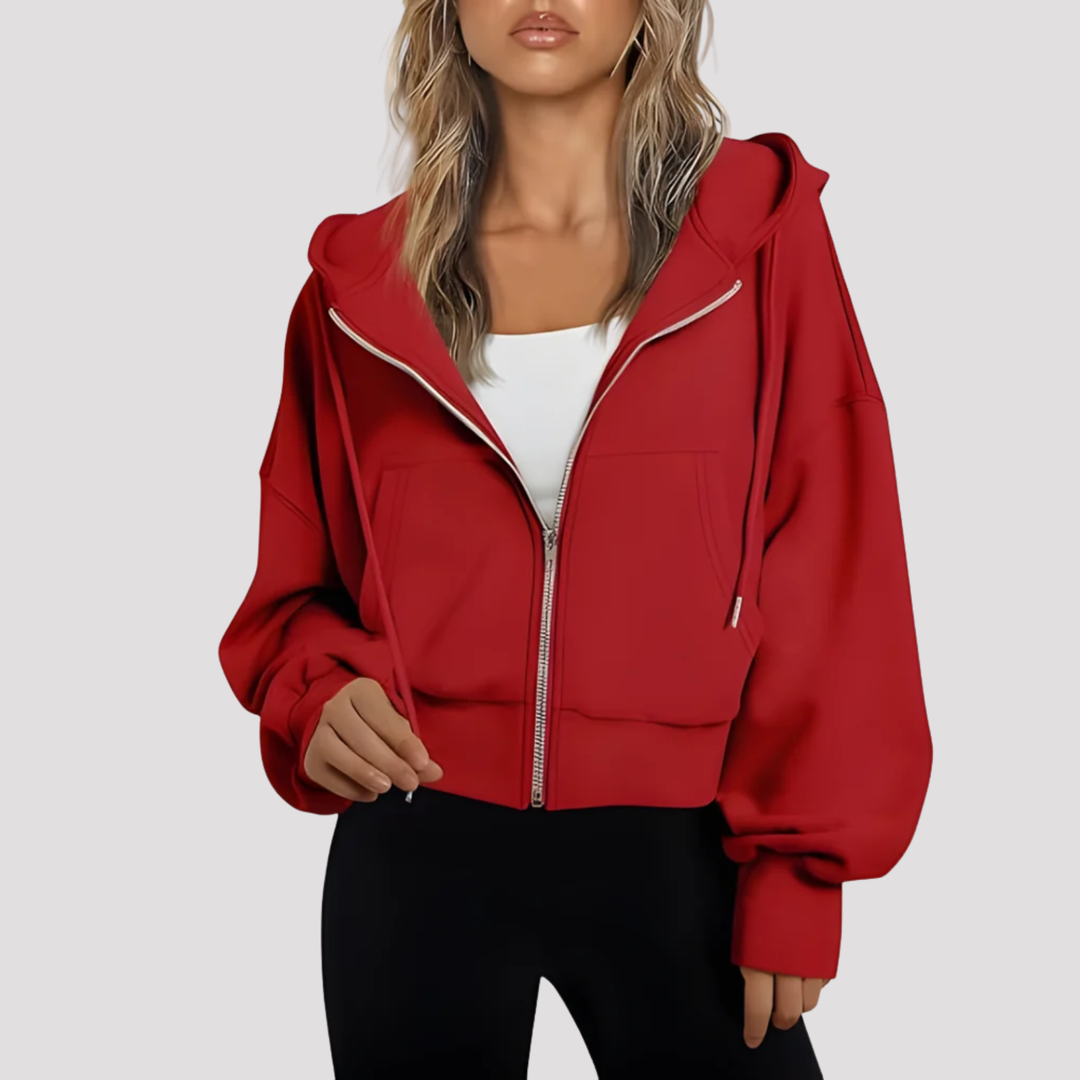 Red cropped zip up hoodie with drawstring hood, front view