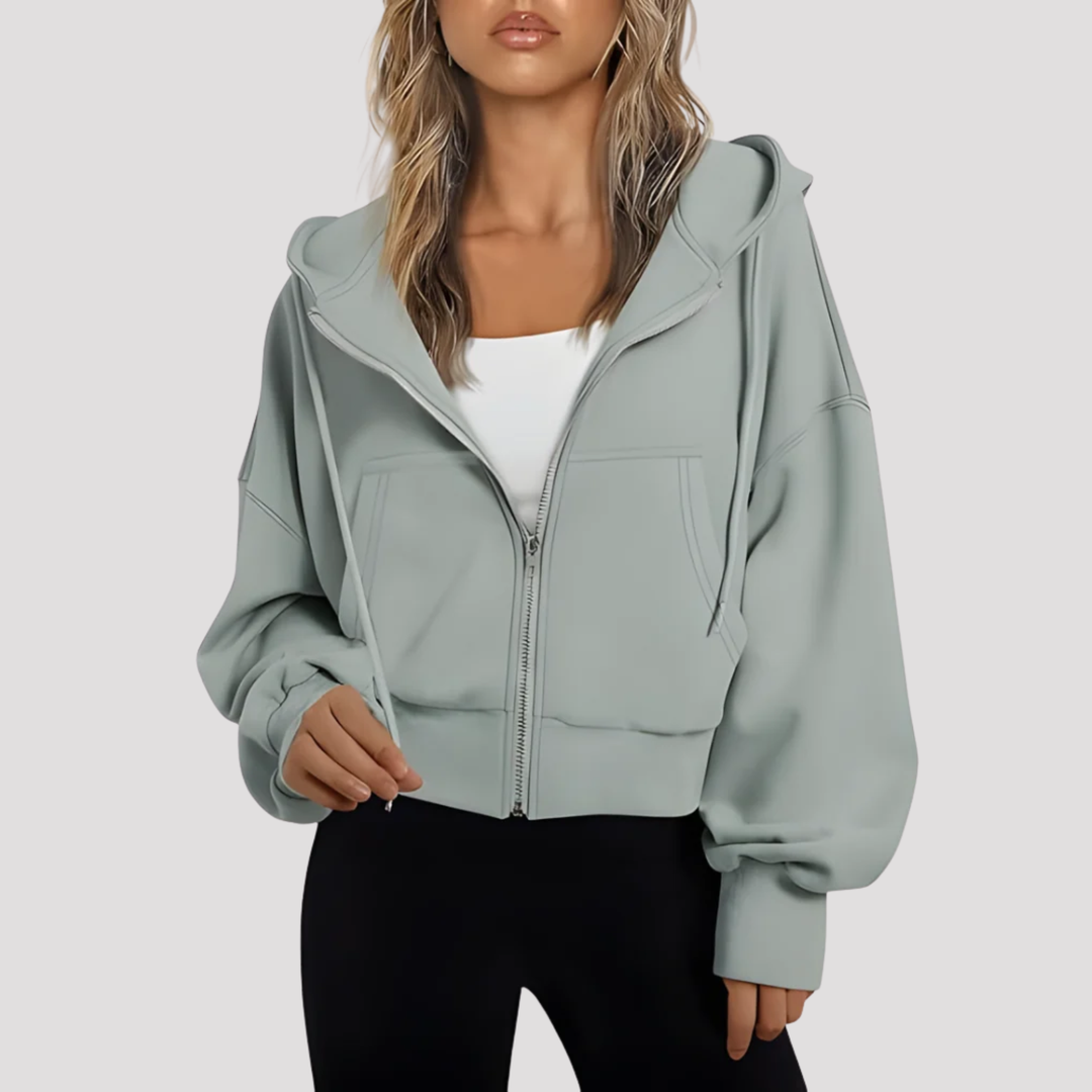 Sage Grey cropped zip up hoodie with drawstring hood, front view