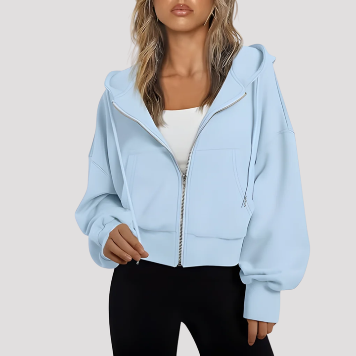 Sky Blue cropped zip up hoodie with drawstring hood, front view