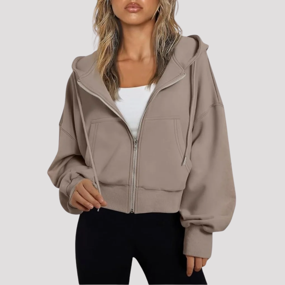 Taupe cropped zip up hoodie with drawstring hood, front view