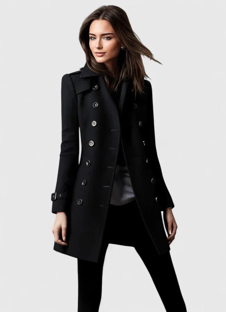 Women's double breasted coat in black, notch lapel epaulette fitted