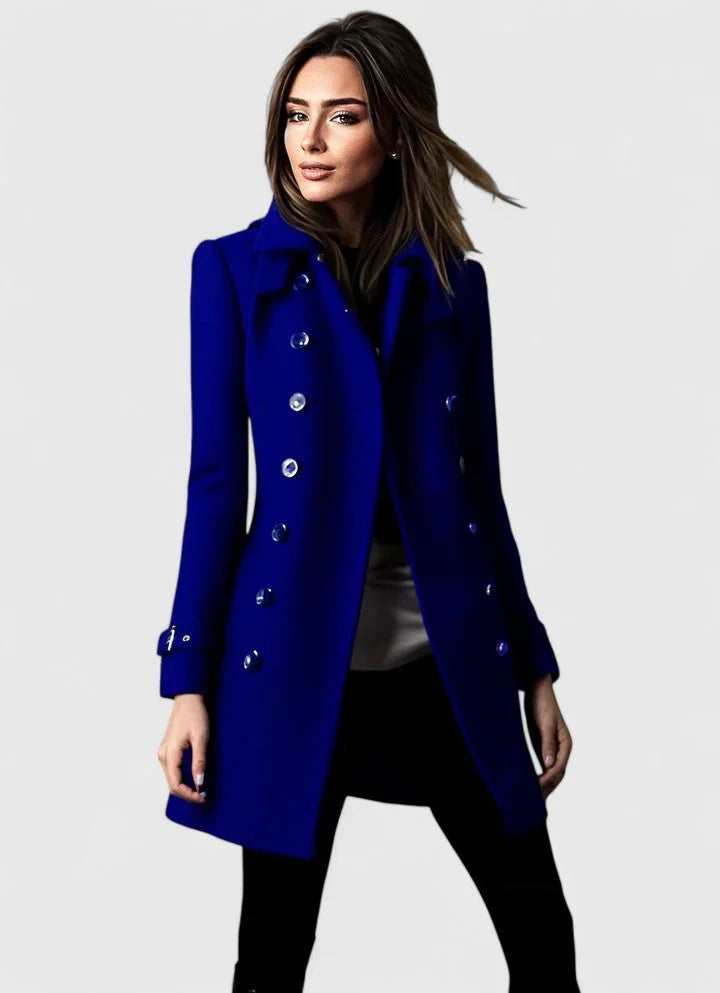 Women's double breasted coat in blue, notch lapel epaulette fitted
