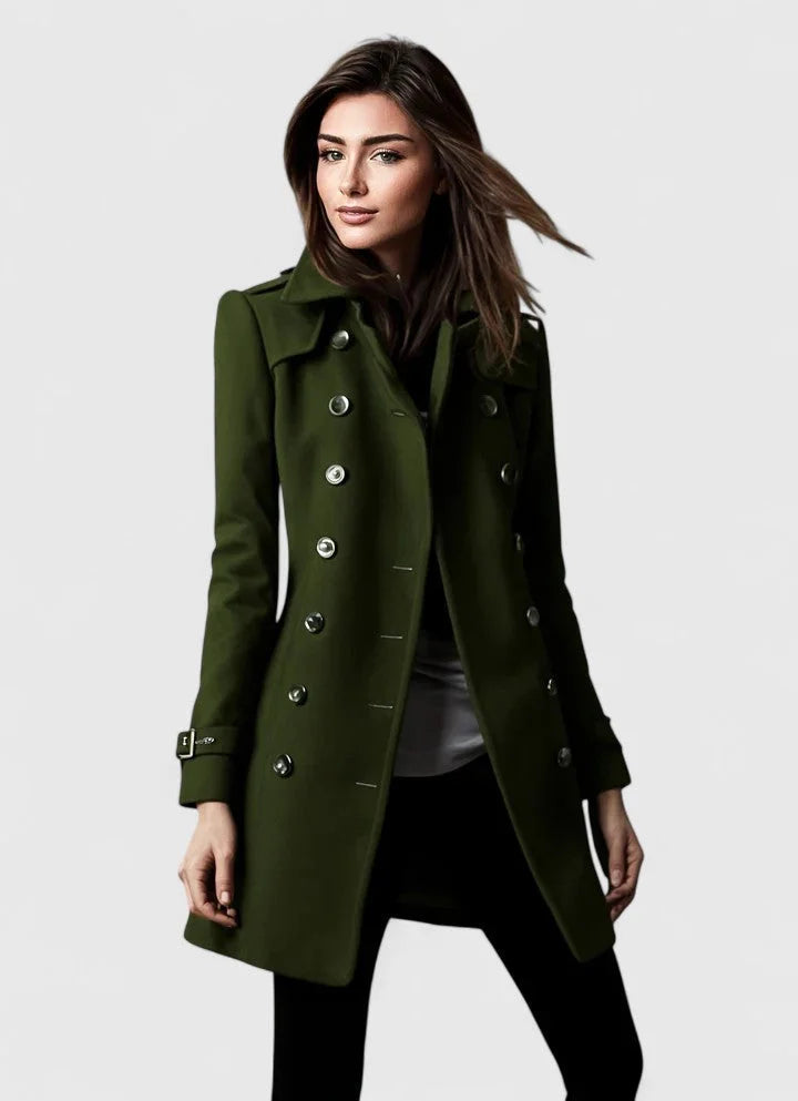 Women's double breasted coat in green, notch lapel epaulette fitted