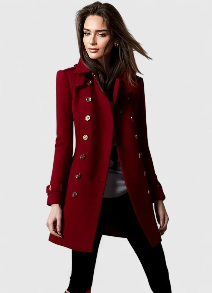 Women's double breasted coat in red, notch lapel epaulette fitted