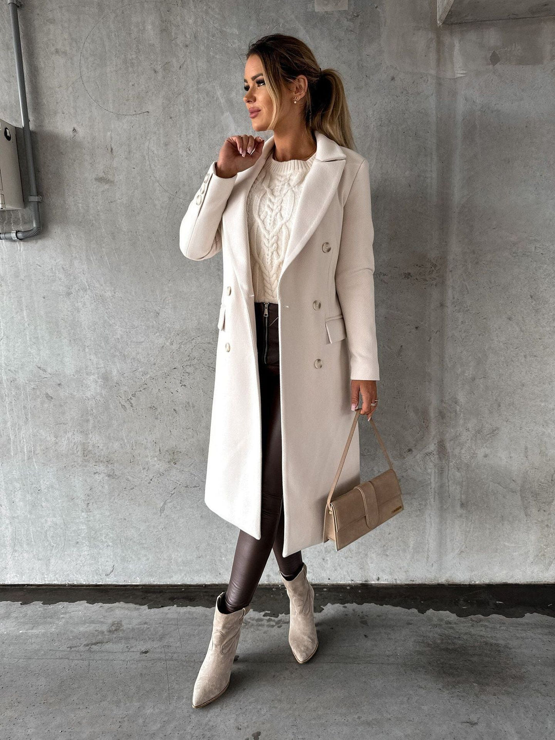 Women's double breasted coat in beige, notch lapel longline long coat