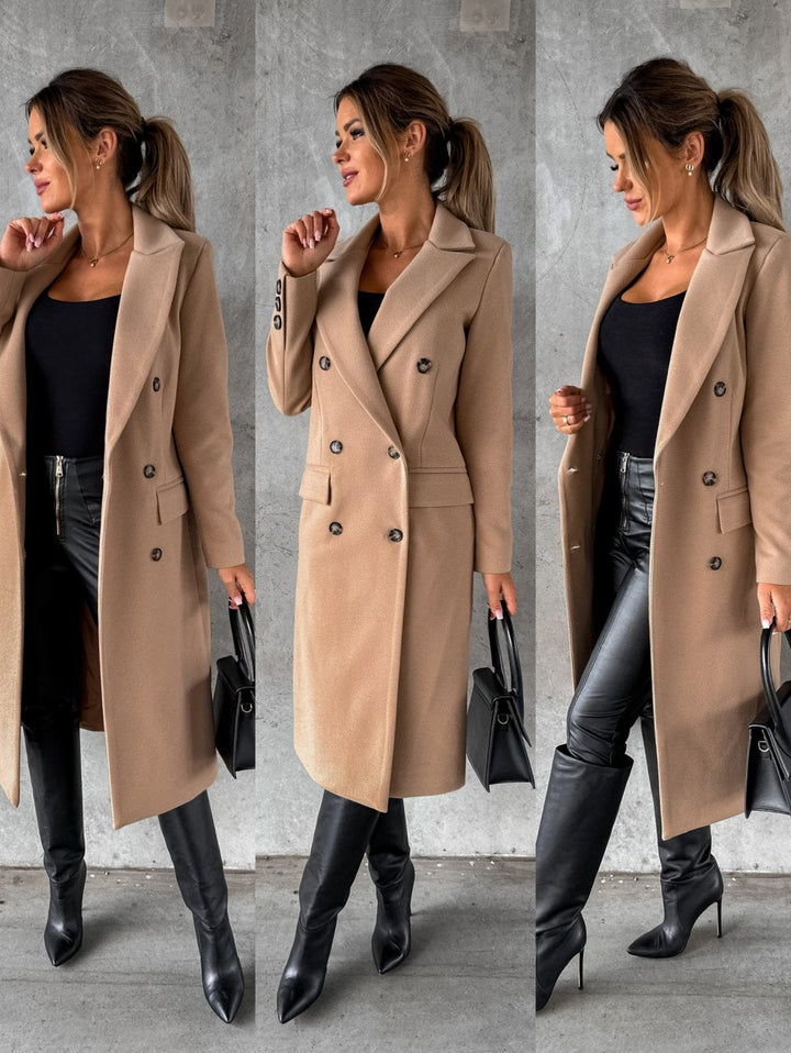 Women's double breasted coat, notch lapel longline long coat, view 10
