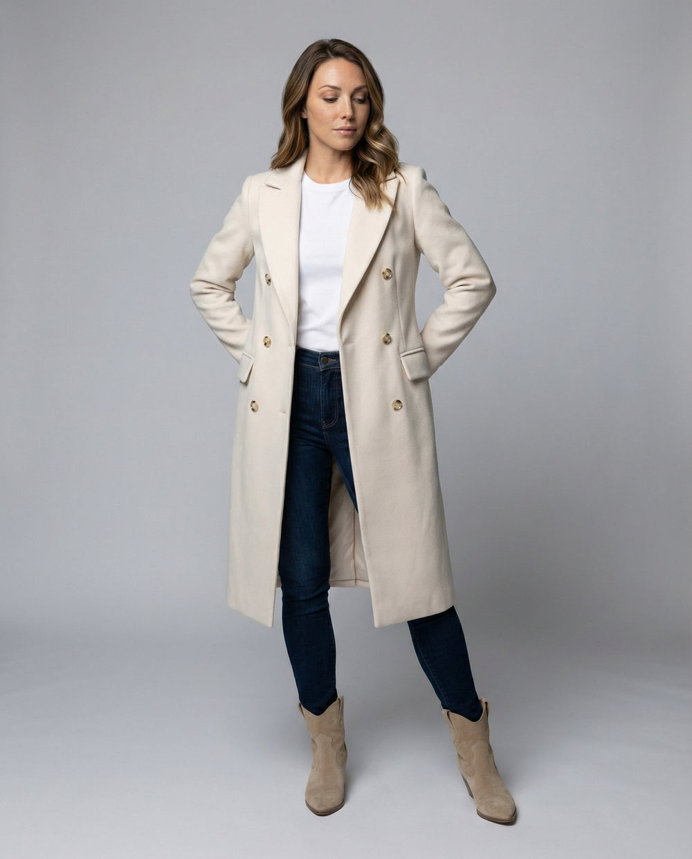 Women's double breasted coat, notch lapel longline long coat, view 1