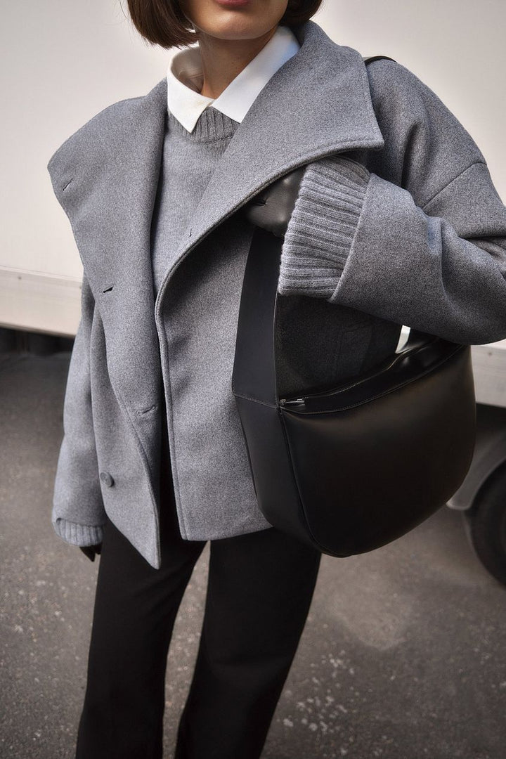 Women's cropped coat, wide collar pea coat, view 2