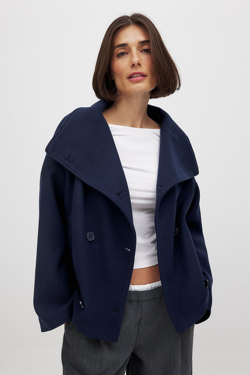 Women's cropped coat, wide collar pea coat, view 4