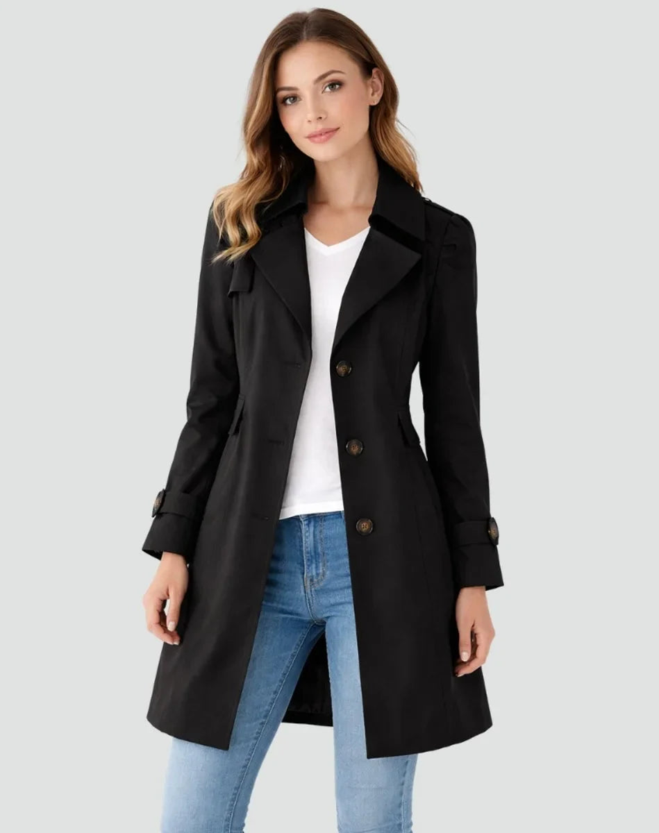 Women's trench coat in black, mid length belted back