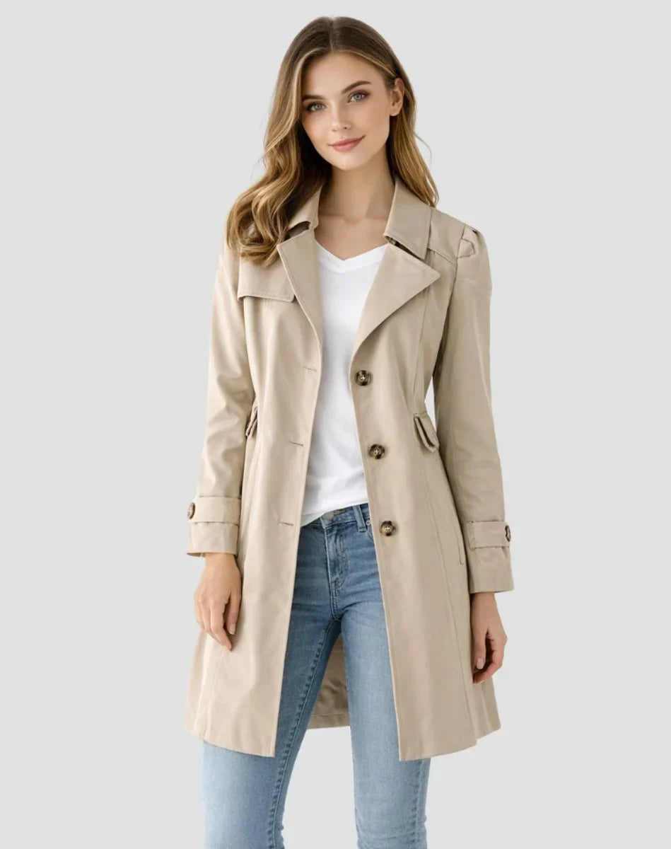 Women's trench coat in khaki, mid length belted back