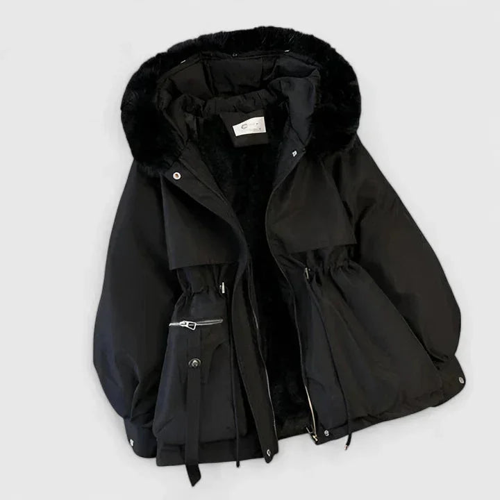 Women's parka coat in black, faux fur hood hooded short