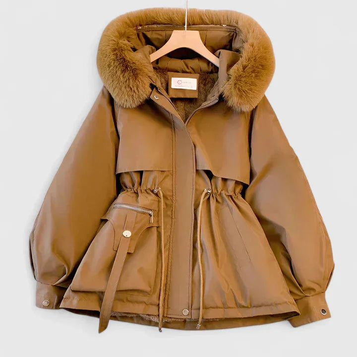 Women's parka coat in brown, faux fur hood hooded short