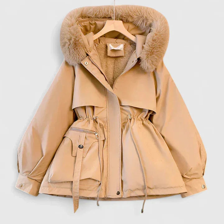 Women's parka coat in khaki, faux fur hood hooded short