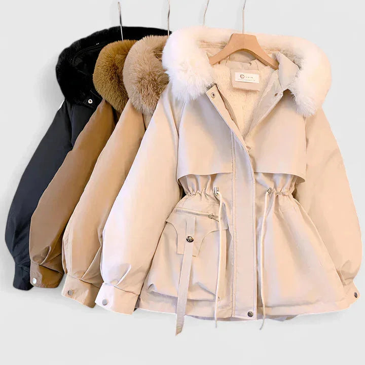 Women's parka coat, faux fur hood hooded short, view 1