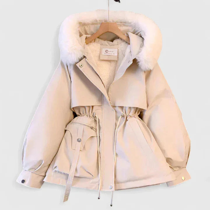 Women's parka coat in white, faux fur hood hooded short