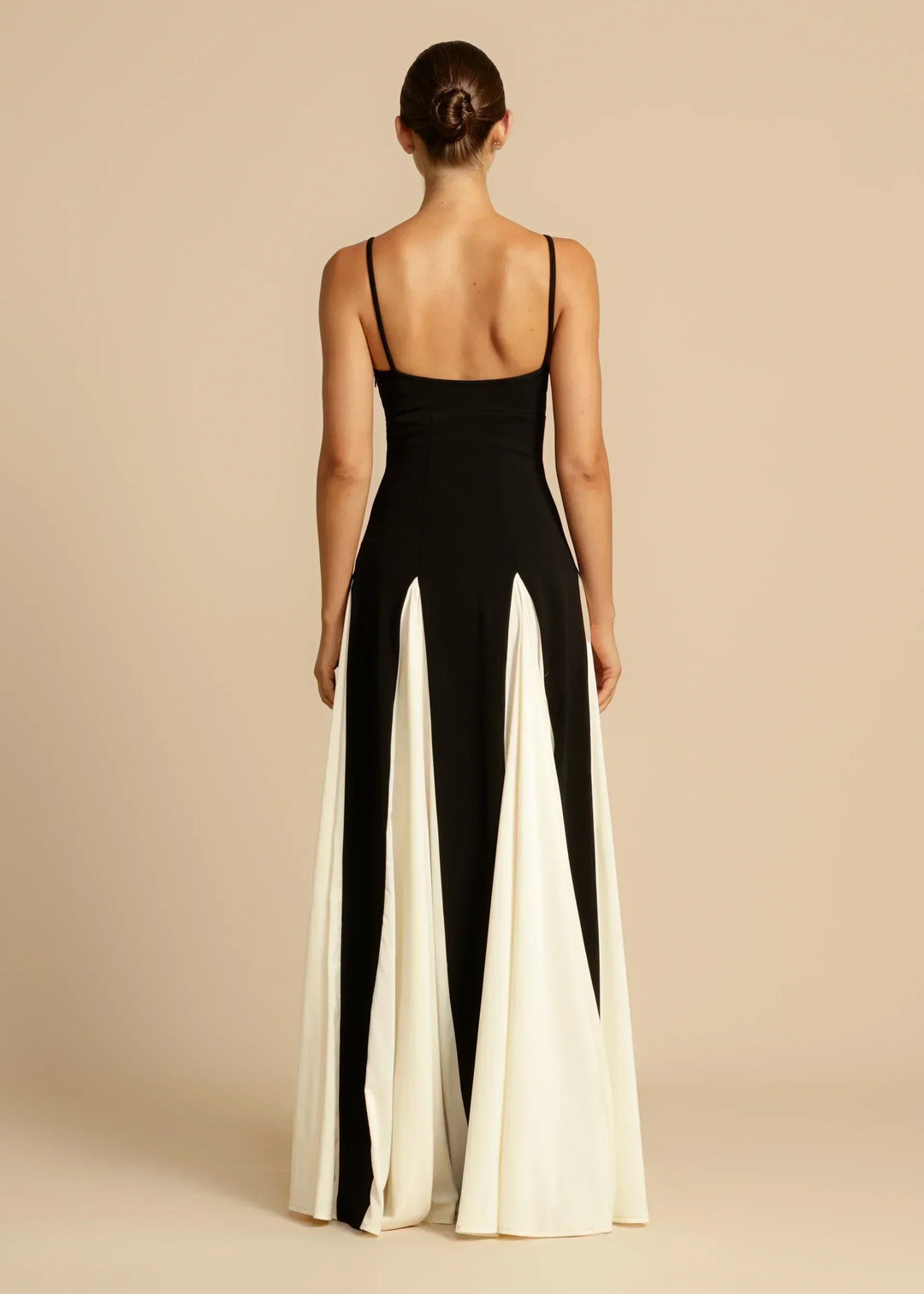 Back view of the strappy maxi dress with a fitted bodice