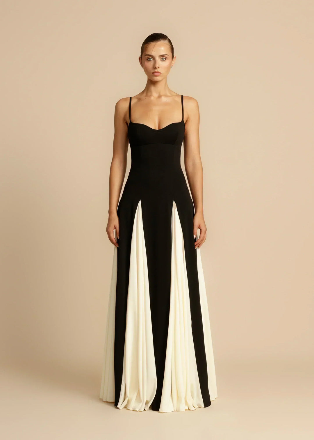 Women's evening maxi dress in black and cream, strappy sweetheart with contrast godet