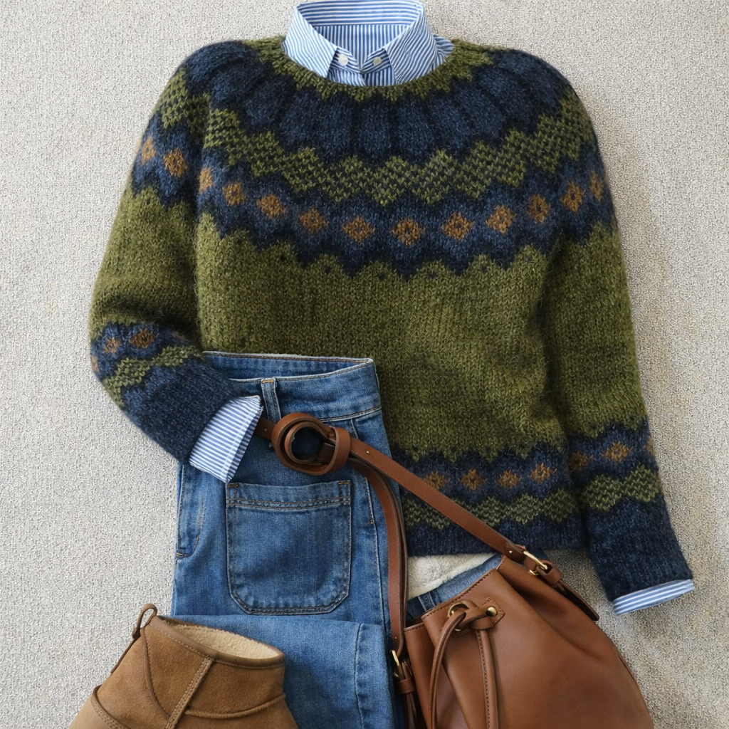 Women's Fair Isle jumper in green, Nordic yoke pattern with ribbed trims, styled with a striped shirt