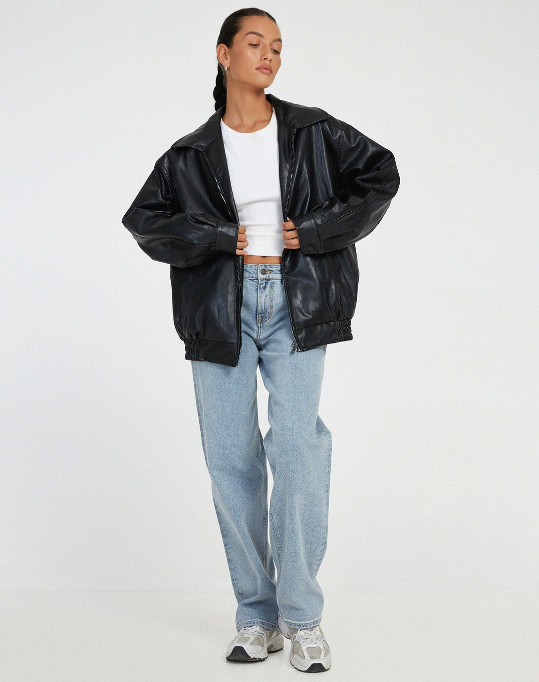 Women's faux leather jacket in black, oversized collared bomber