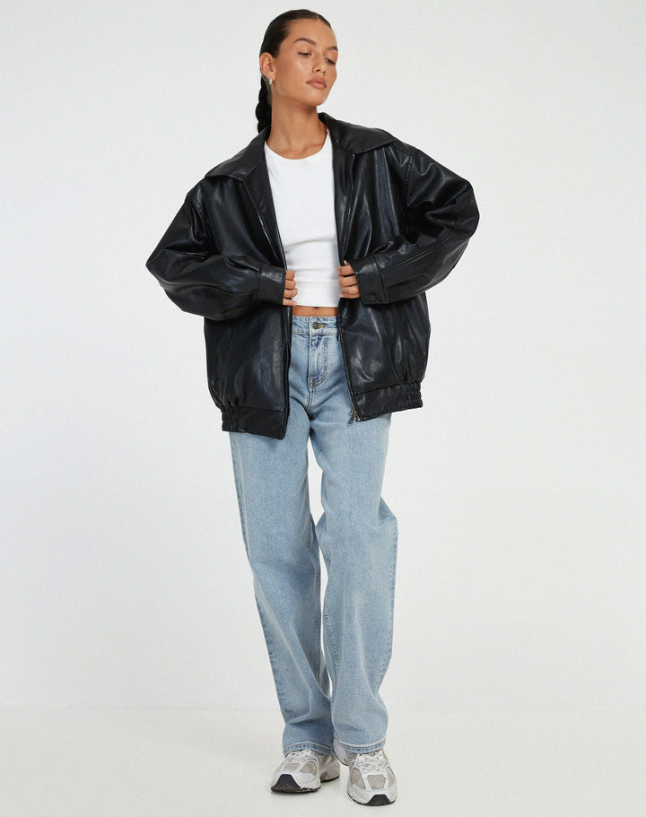Women's faux leather jacket in black, oversized collared bomber