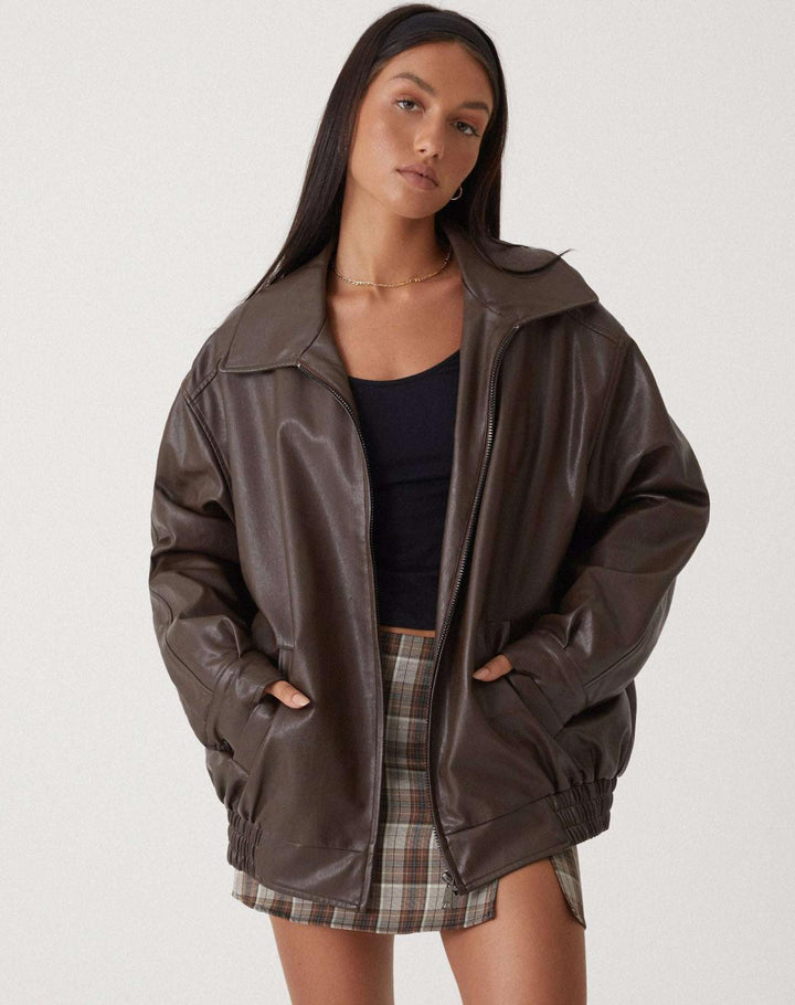 Women's faux leather jacket in brown, oversized collared bomber