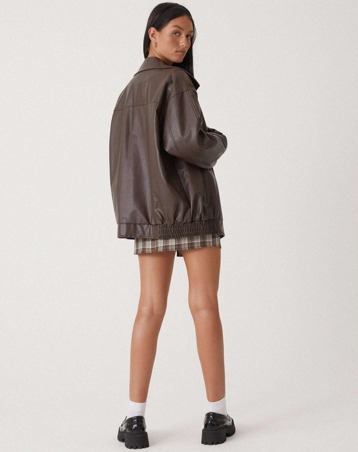 Women's faux leather jacket, oversized collared bomber, view 3