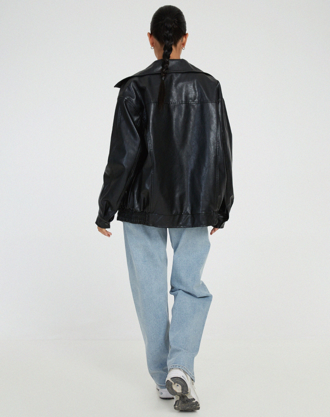 Women's faux leather jacket, oversized collared bomber, view 4