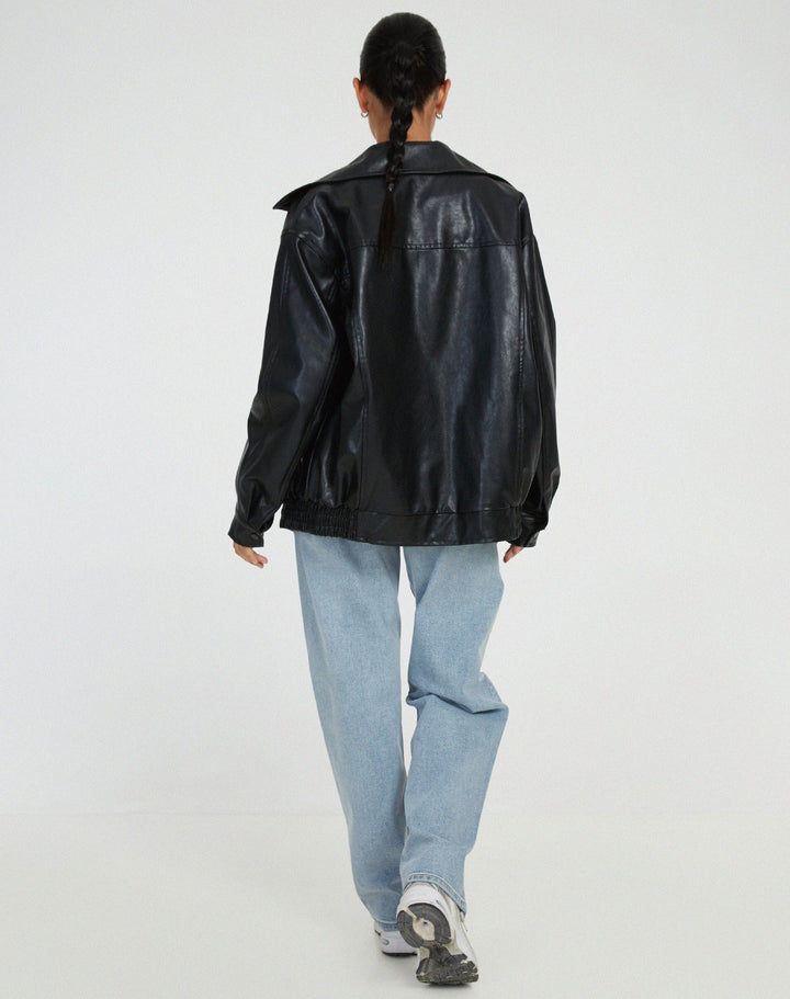 Women's faux leather jacket, oversized collared bomber, view 4