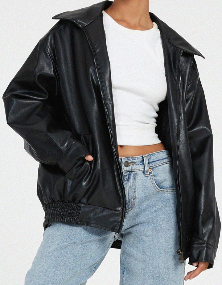Women's faux leather jacket, oversized collared bomber, view 5