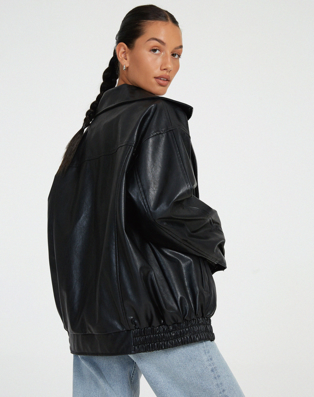 Women's faux leather jacket, oversized collared bomber, view 6