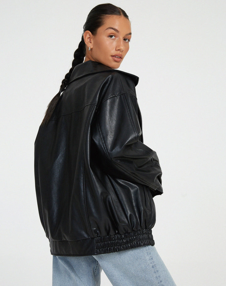 Women's faux leather jacket, oversized collared bomber, view 6