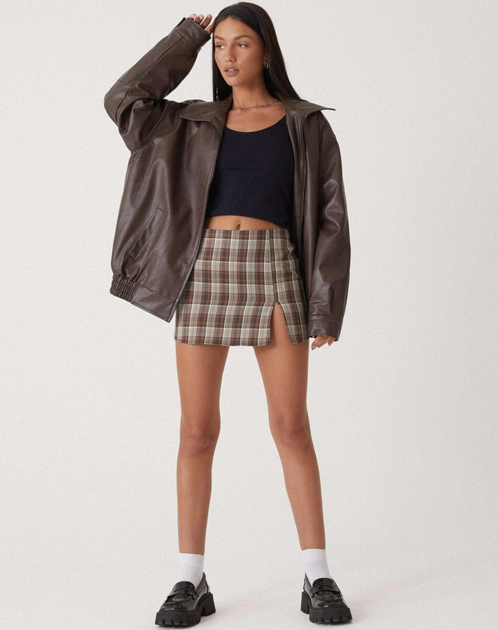 Women's faux leather jacket, oversized collared bomber, view 1