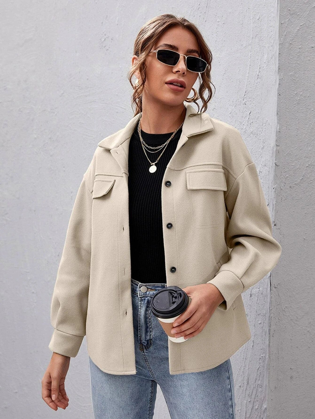 Women's shacket in beige, oversized button front shirt jacket