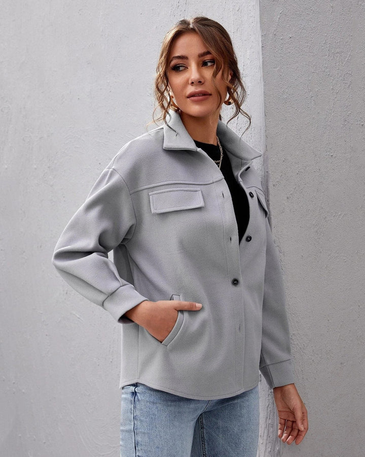 Women's shacket in grey, oversized button front shirt jacket