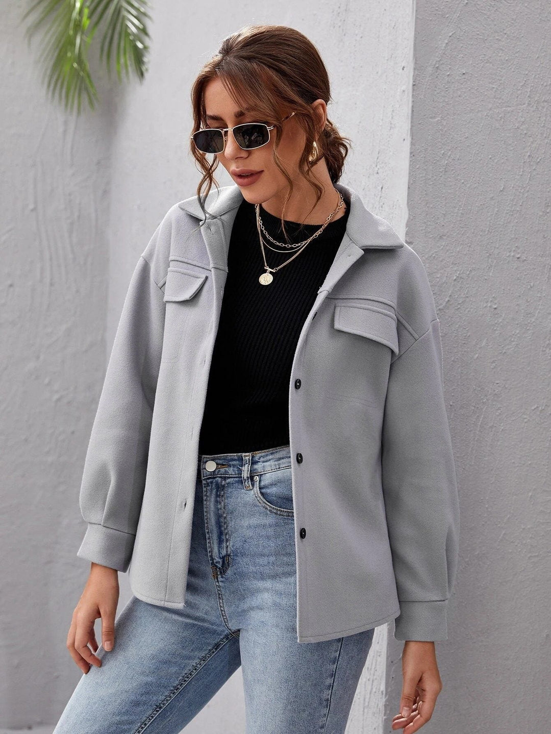 Women's shacket, oversized button front shirt jacket, view 2