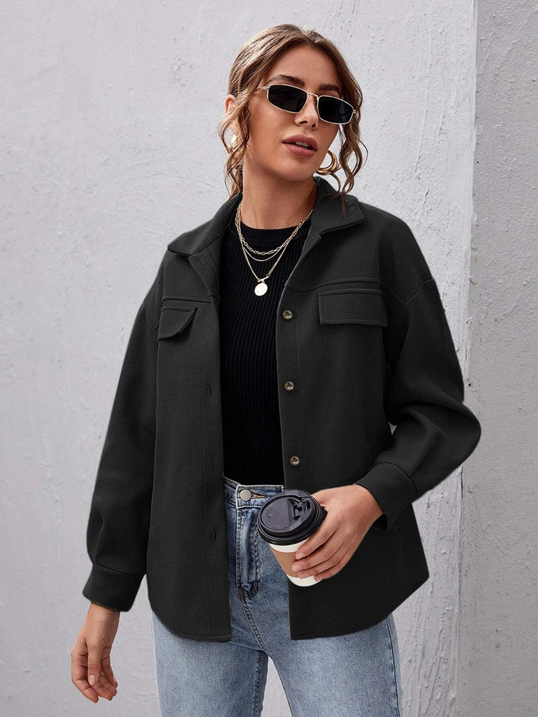 Women's shacket, oversized button front shirt jacket, view 1