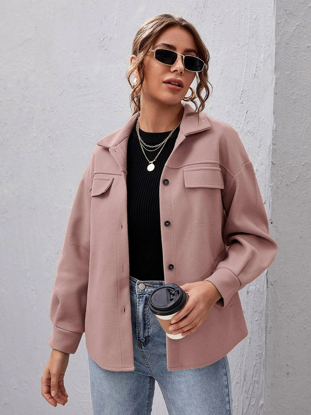Women's shacket in pink, oversized button front shirt jacket