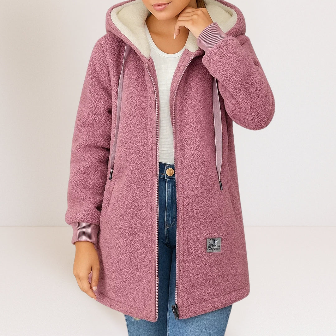 Fleece Jacket in berry pink, on model, view 2