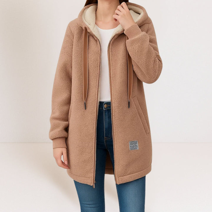 Fleece Jacket in tan, on model, view 2