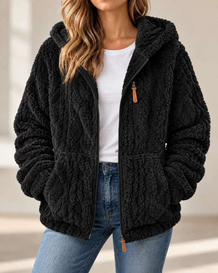 Black hooded zip up teddy jacket with gathered hem