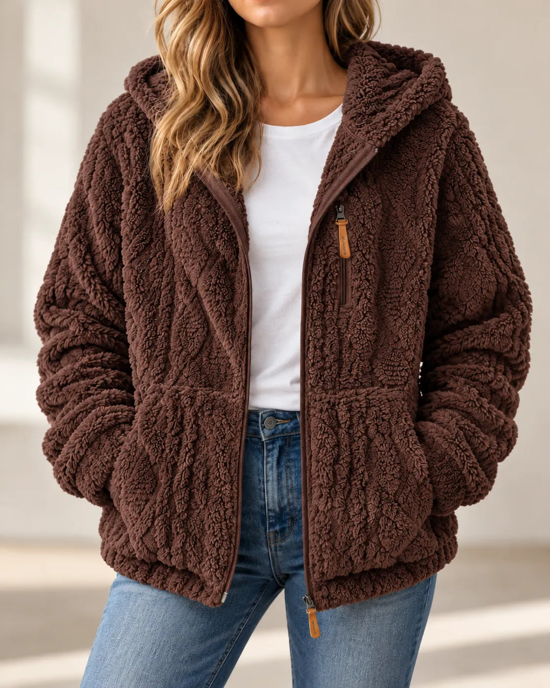 Brown cable textured fleece jacket with zip tab pull