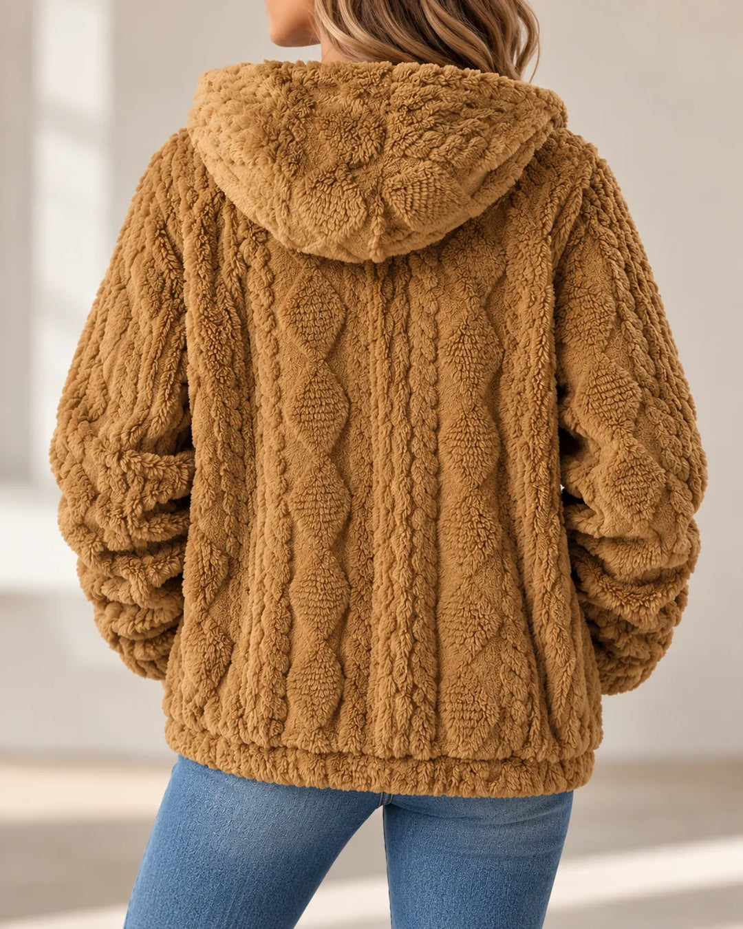 Back view of the camel jacket with the raised cable pattern