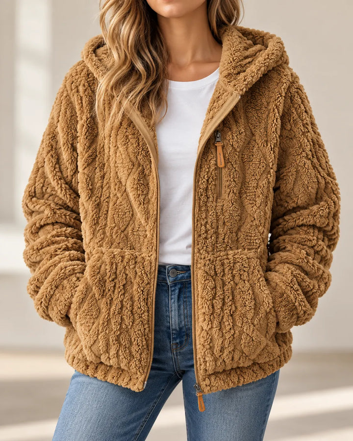 Women's fleece jacket in camel, hooded zip up teddy with cable texture