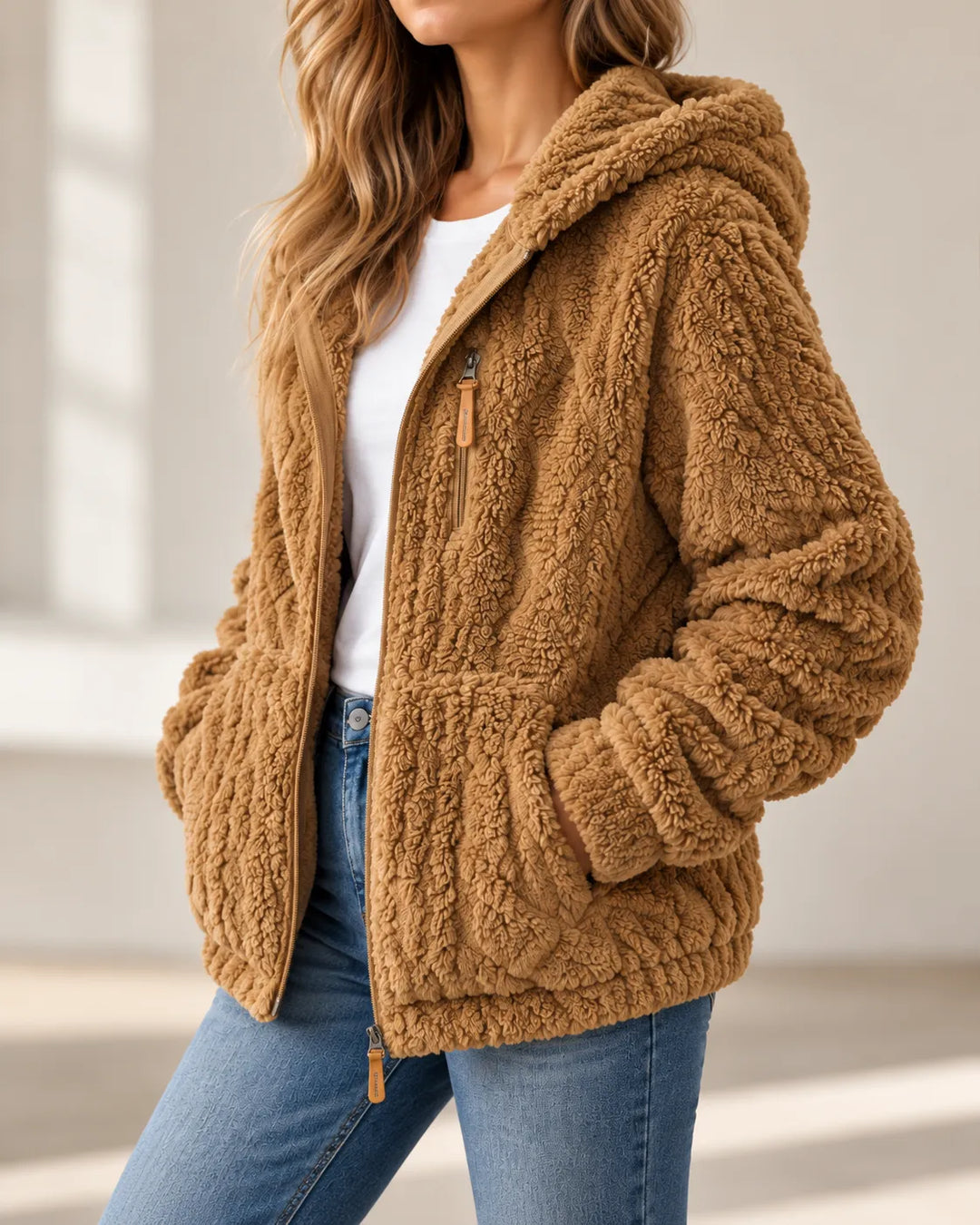 Camel teddy jacket at an angle, showing the hood and hip pocket