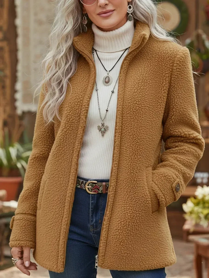 Fleece Jacket in camel, on model