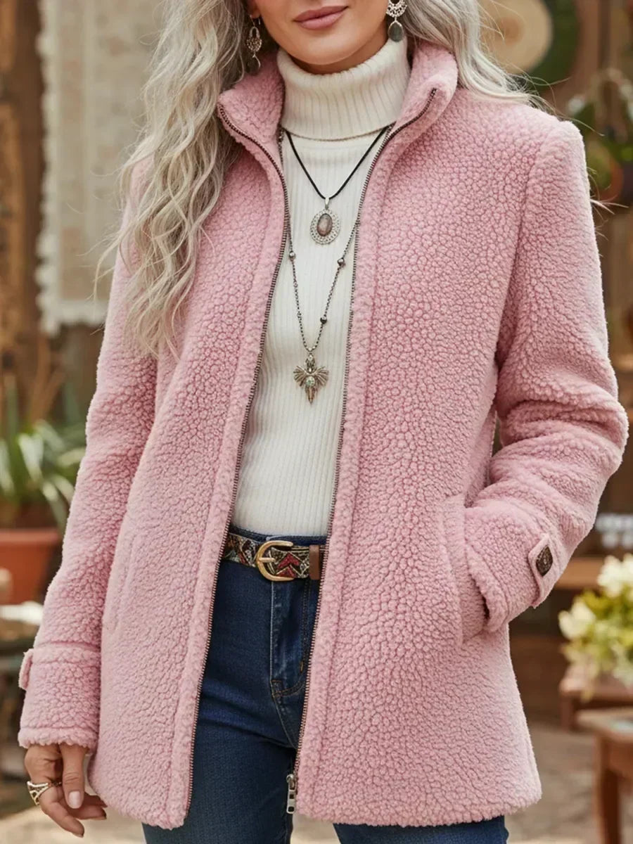 Fleece Jacket in pink, on model, view 2